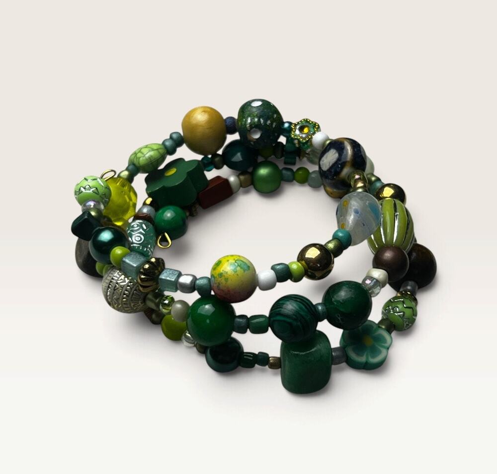 Eclectic Green Bead Memory-Wire Wrap Bracelet - Glass, Wood & Lampwork Mix